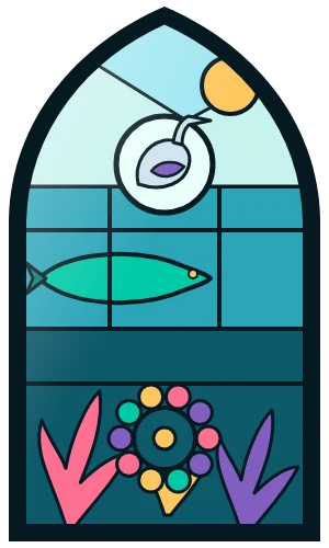 Sea-glass window showing a bass nest among coral, a heron and a pike in the current
