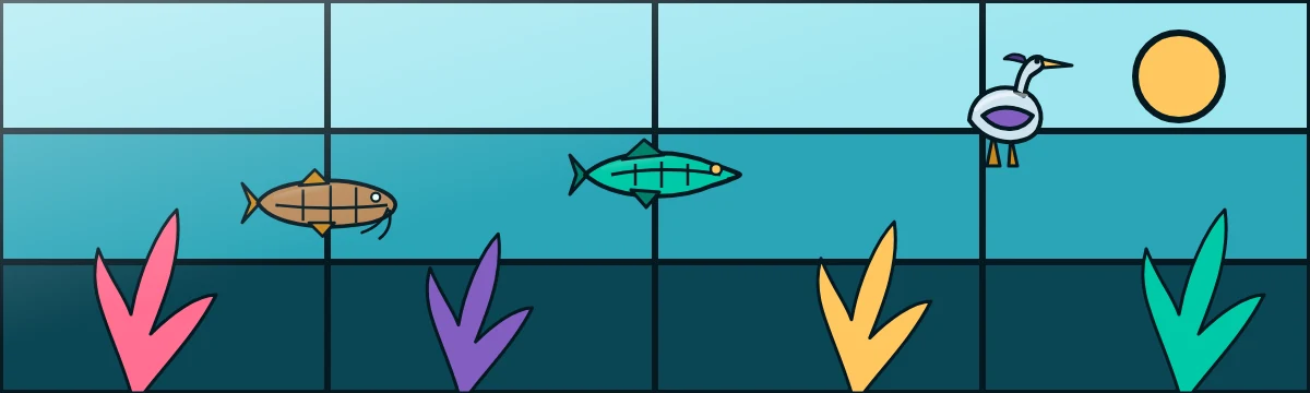 Sea-glass panel of the reef with coral, a pike, a catfish and a heron