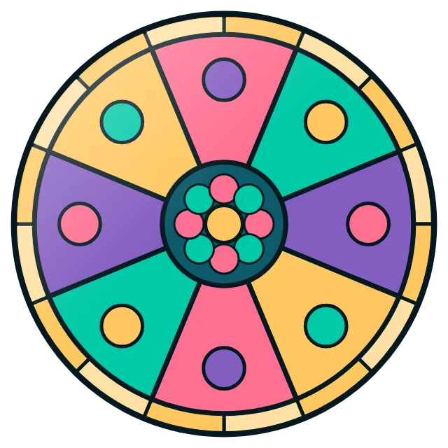 A round sea-glass window in coral pink, violet, kelp green and sand gold